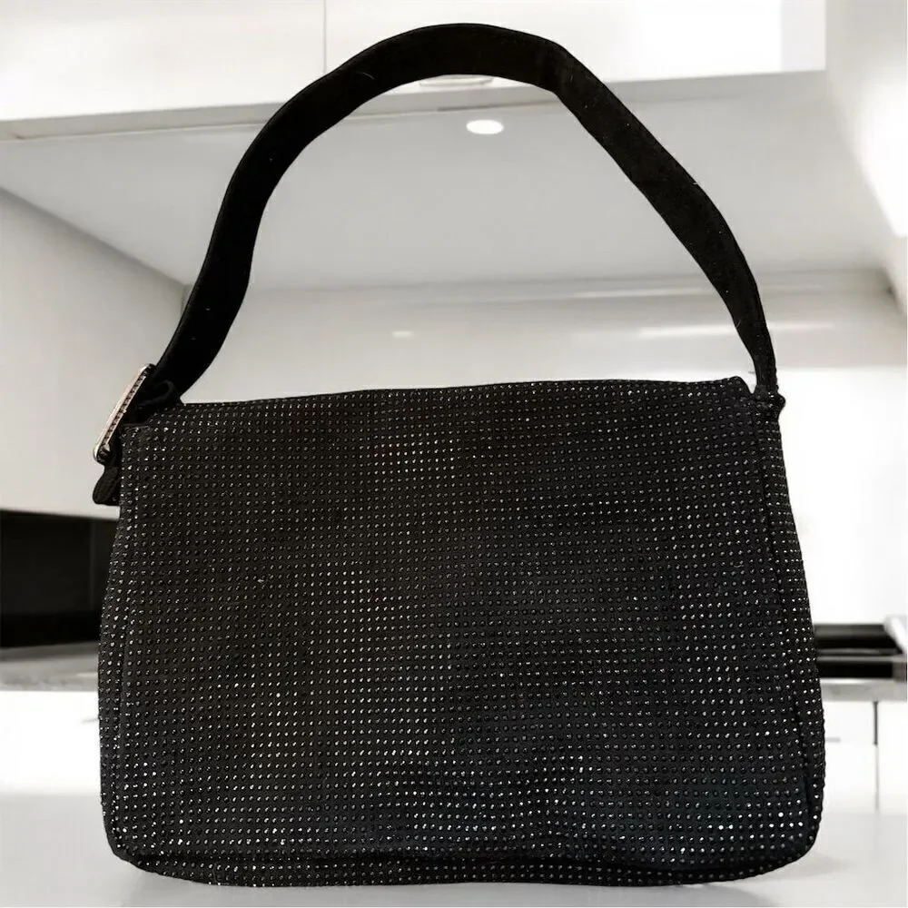 Women's Black Beaded Fabric Rhinestone Buckle Accent Evening Shoulder Handbag